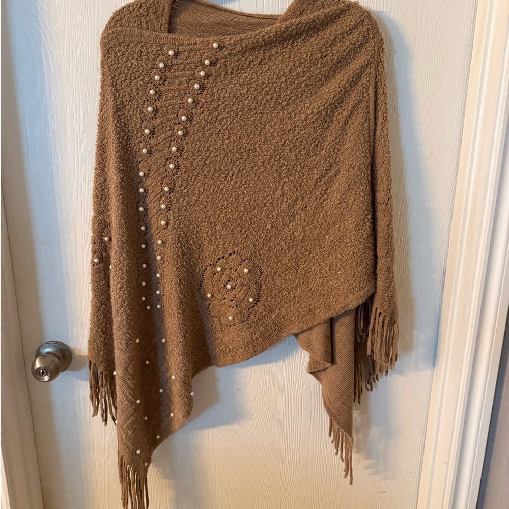 Cozy Pearl-Embellished Fringe Poncho Sweater - Brown